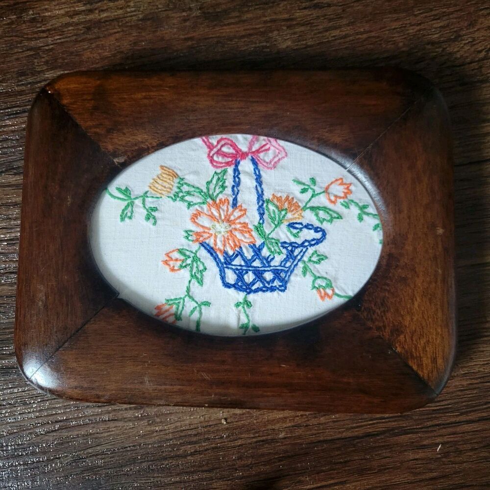Vintage Small Oval Flowers In Basket Embroidery Linen in solid wood frame
